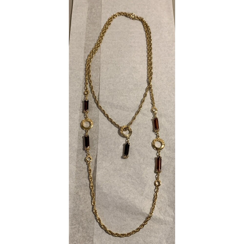 Vintage Sarah Coventry Conjac Amber Lucite Layered Necklace Gold Tone 32” 21”